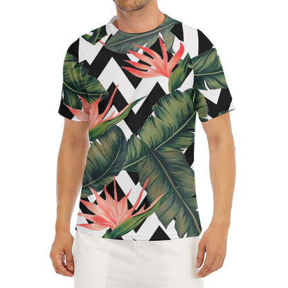 Zig Zag Tropical Pattern Print Men's Short Sleeve Rash Guard