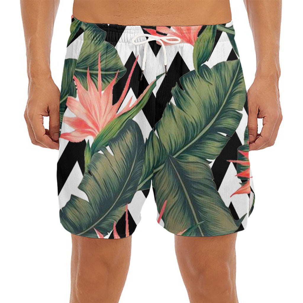 Zig Zag Tropical Pattern Print Men's Split Running Shorts