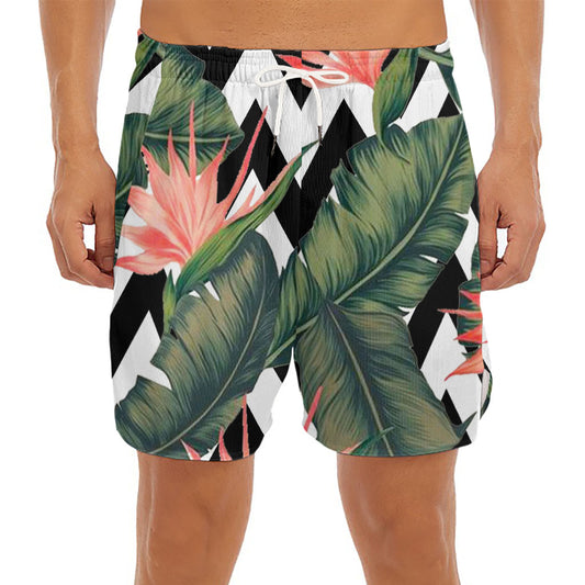 Zig Zag Tropical Pattern Print Men's Split Running Shorts