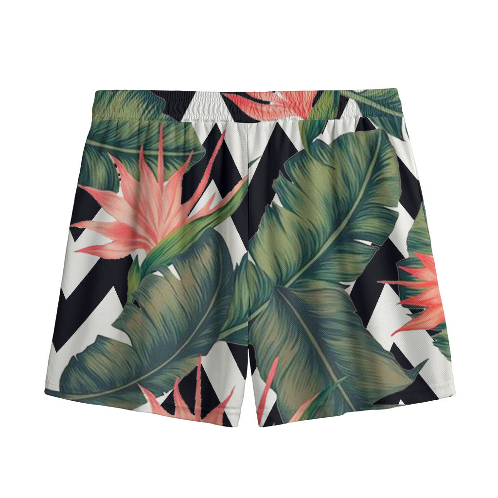 Zig Zag Tropical Pattern Print Mesh Shorts