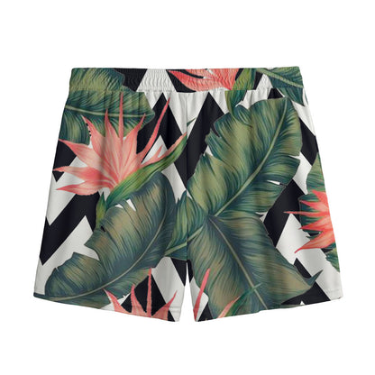 Zig Zag Tropical Pattern Print Mesh Shorts