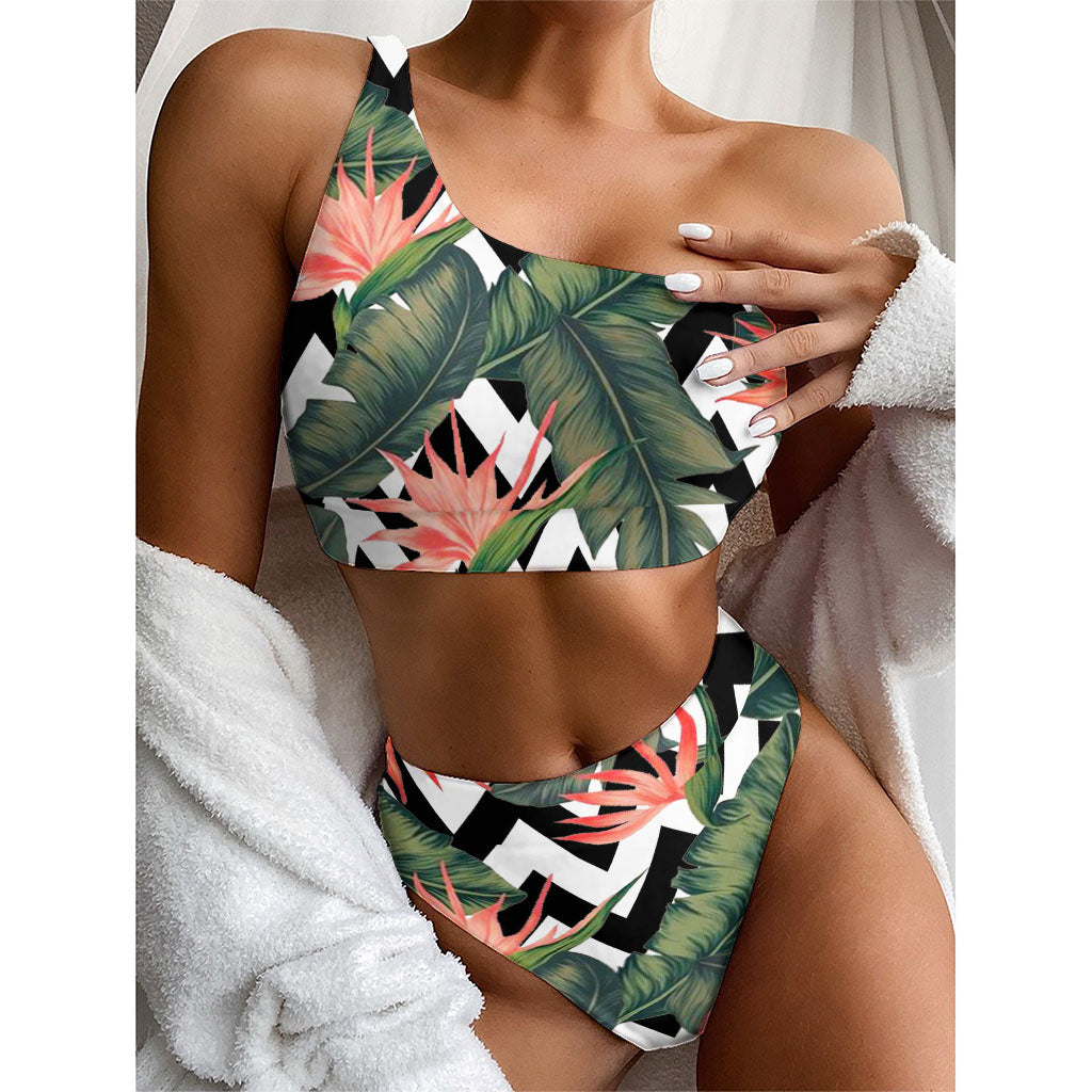 Zig Zag Tropical Pattern Print One Shoulder Bikini Top