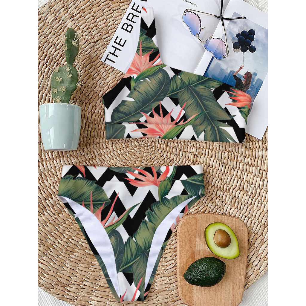 Zig Zag Tropical Pattern Print One Shoulder Bikini Top