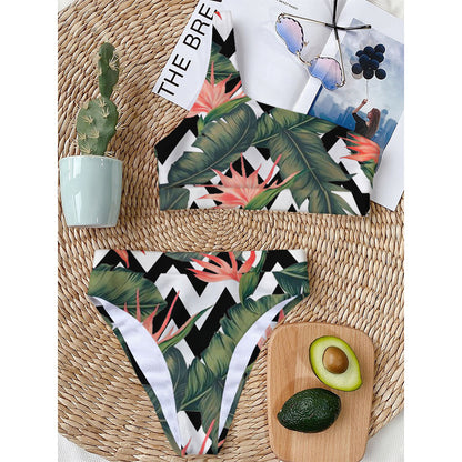 Zig Zag Tropical Pattern Print One Shoulder Bikini Top