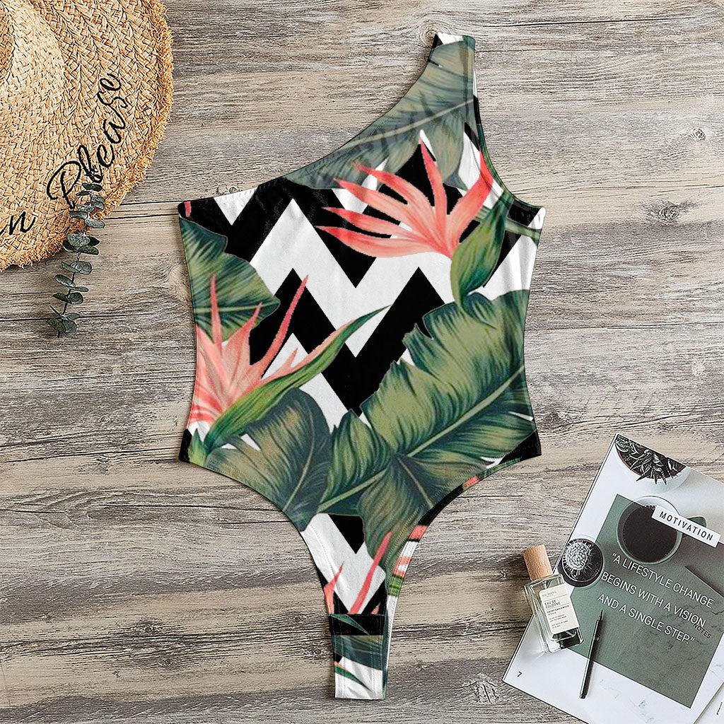 Zig Zag Tropical Pattern Print One Shoulder Bodysuit