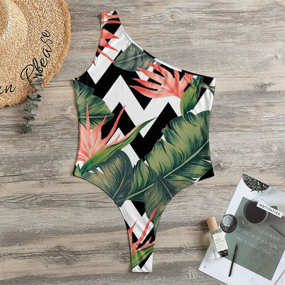 Zig Zag Tropical Pattern Print One Shoulder Bodysuit