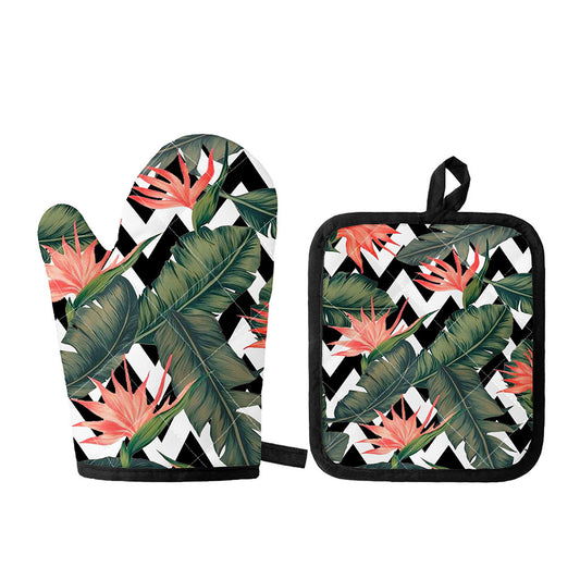 Zig Zag Tropical Pattern Print Oven Mitt And Pot Holder Set