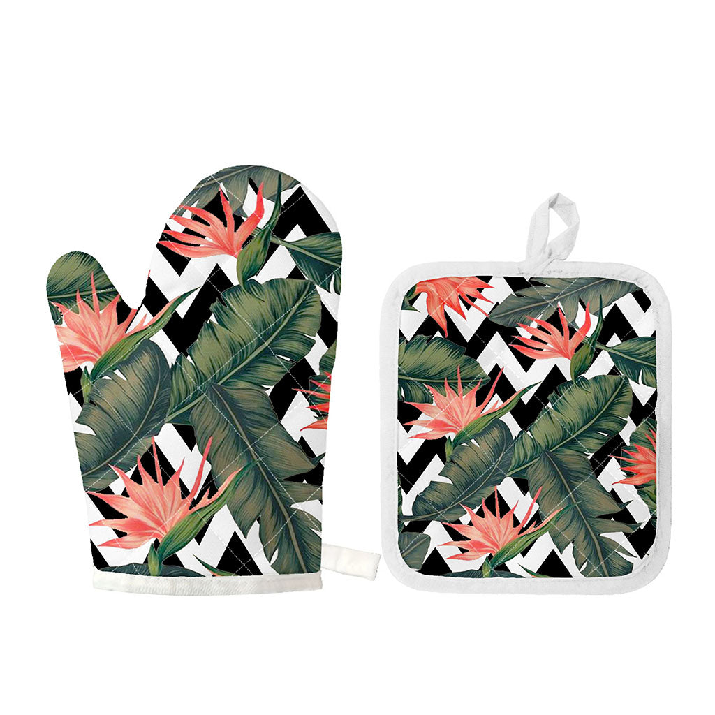 Zig Zag Tropical Pattern Print Oven Mitt And Pot Holder Set