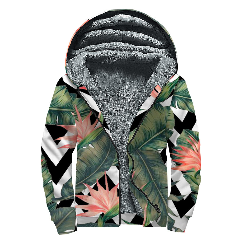 Zig Zag Tropical Pattern Print Sherpa Lined Zip Up Hoodie
