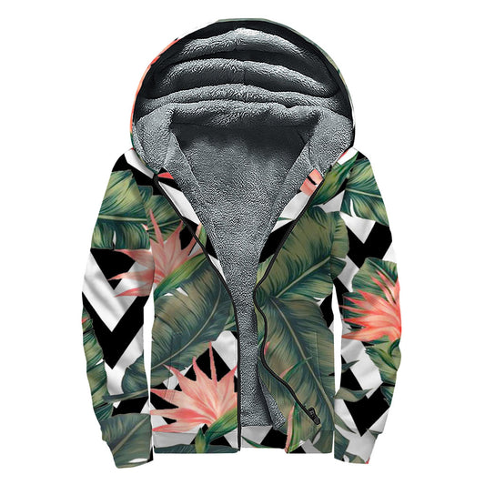 Zig Zag Tropical Pattern Print Sherpa Lined Zip Up Hoodie