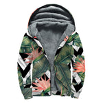 Zig Zag Tropical Pattern Print Sherpa Lined Zip Up Hoodie