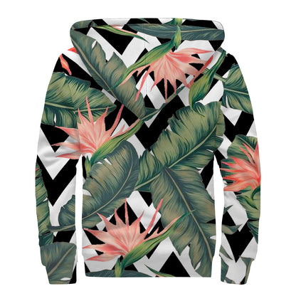 Zig Zag Tropical Pattern Print Sherpa Lined Zip Up Hoodie
