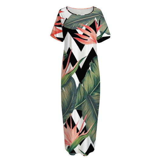 Zig Zag Tropical Pattern Print Short Sleeve Long Nightdress