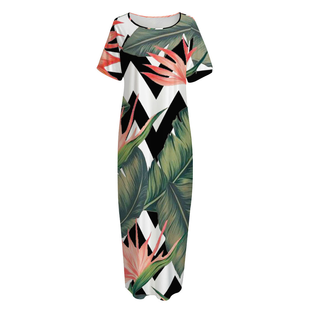 Zig Zag Tropical Pattern Print Short Sleeve Long Nightdress