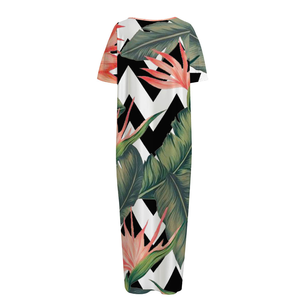 Zig Zag Tropical Pattern Print Short Sleeve Long Nightdress