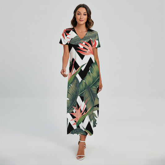 Zig Zag Tropical Pattern Print Short Sleeve Maxi Dress
