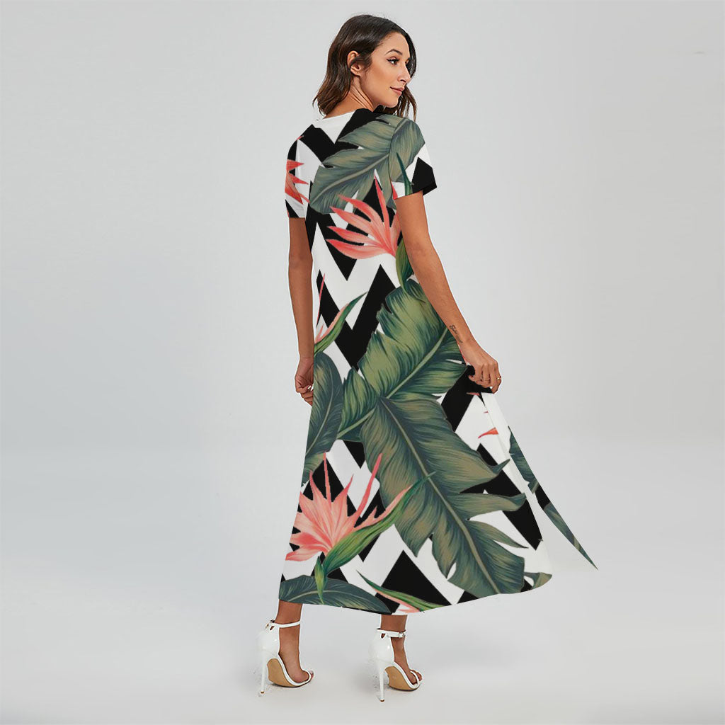 Zig Zag Tropical Pattern Print Short Sleeve Maxi Dress