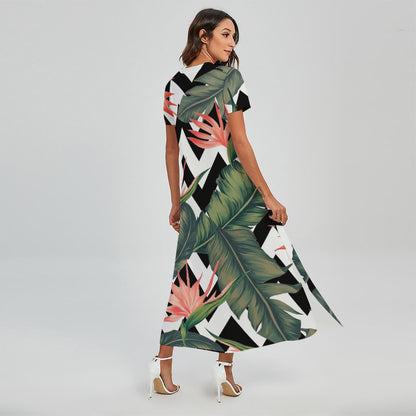 Zig Zag Tropical Pattern Print Short Sleeve Maxi Dress