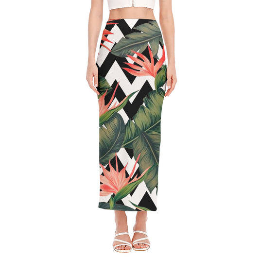 Zig Zag Tropical Pattern Print Side Slit Maxi Skirt