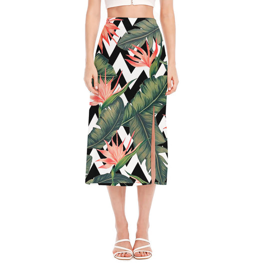 Zig Zag Tropical Pattern Print Side Slit Midi Skirt