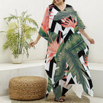 Zig Zag Tropical Pattern Print Silk V-Neck Kaftan Dress