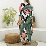 Zig Zag Tropical Pattern Print Silk V-Neck Kaftan Dress