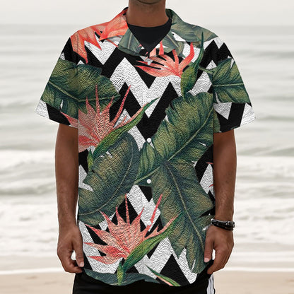 Zig Zag Tropical Pattern Print Textured Short Sleeve Shirt