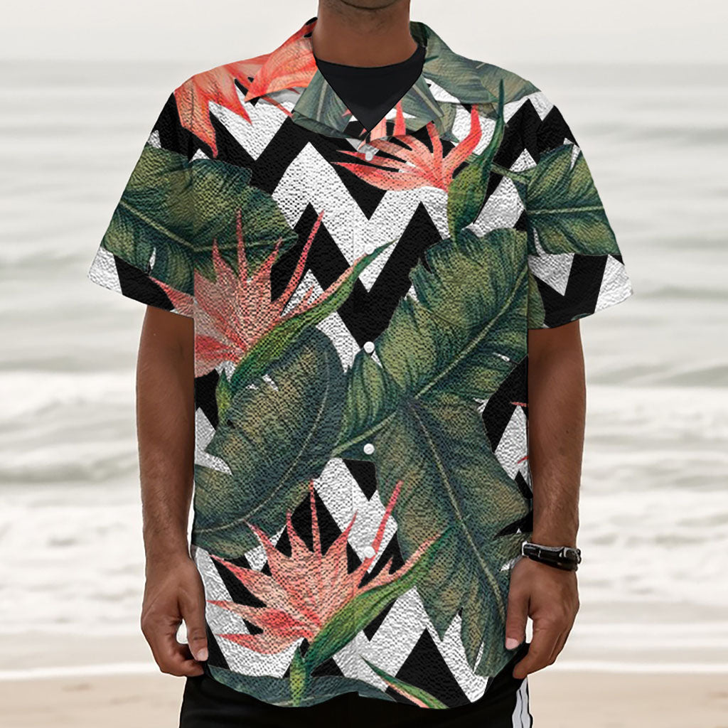 Zig Zag Tropical Pattern Print Textured Short Sleeve Shirt