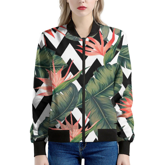 Zig Zag Tropical Pattern Print Women's Bomber Jacket