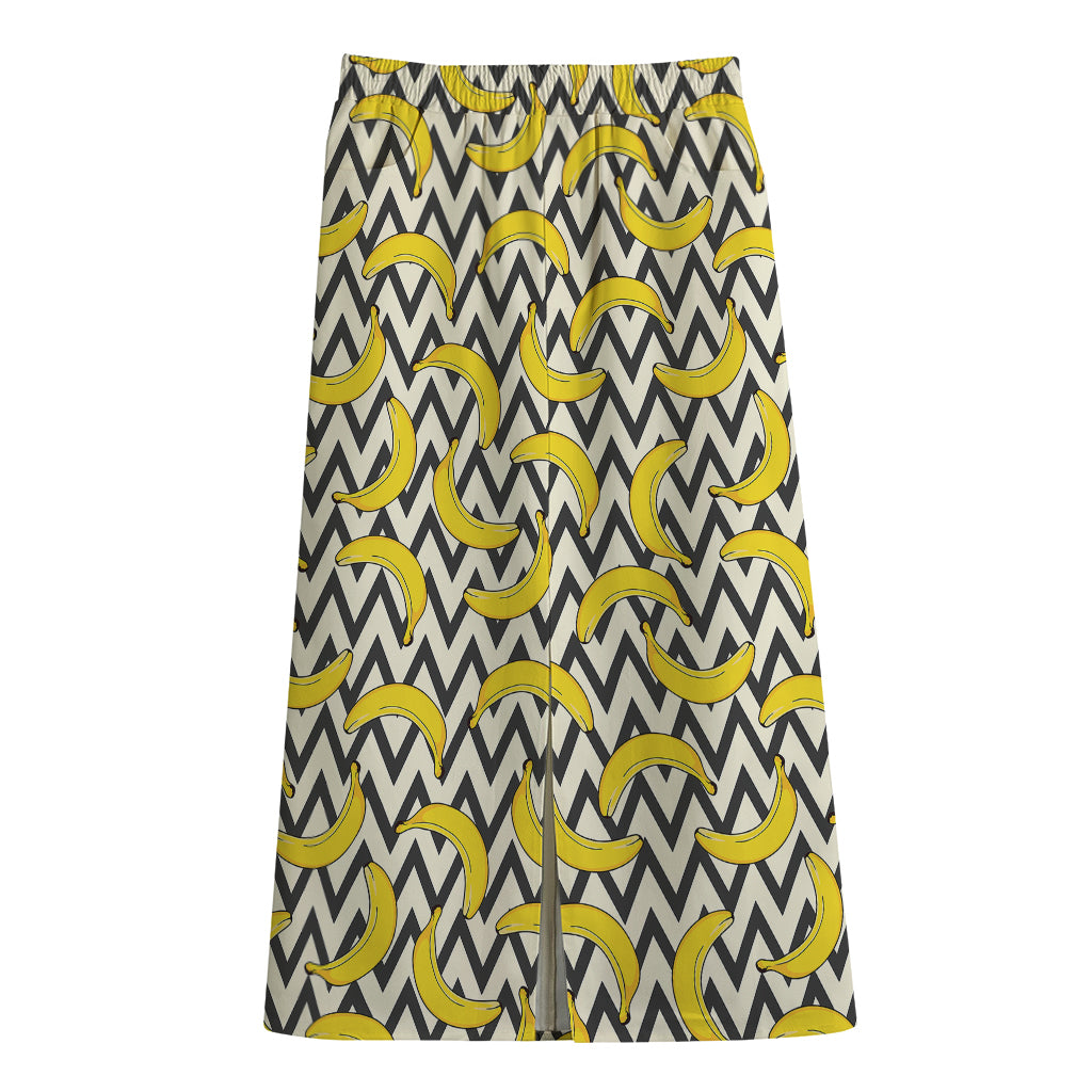 Zigzag Banana Pattern Print Cotton Front Slit Maxi Skirt