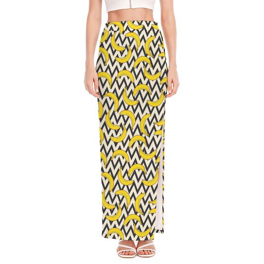 Zigzag Banana Pattern Print High Slit Maxi Skirt