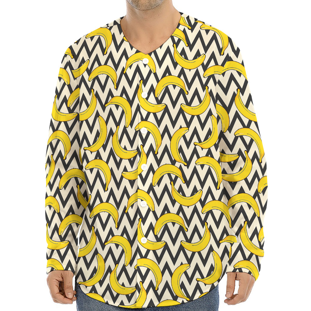 Zigzag Banana Pattern Print Long Sleeve Baseball Jersey