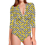 Zigzag Banana Pattern Print Long Sleeve Swimsuit