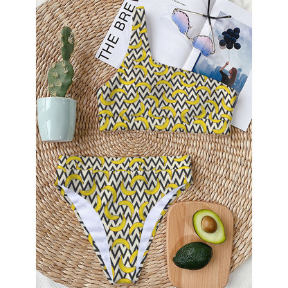 Zigzag Banana Pattern Print One Shoulder Bikini Top