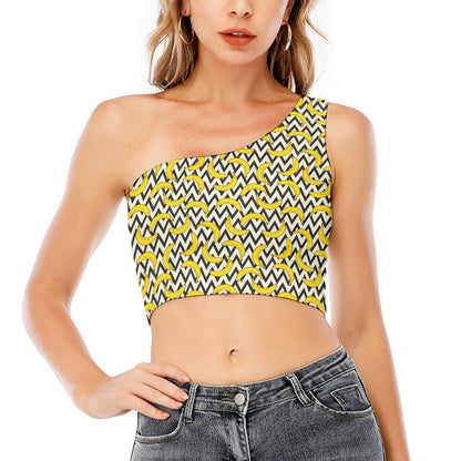 Zigzag Banana Pattern Print One Shoulder Crop Top