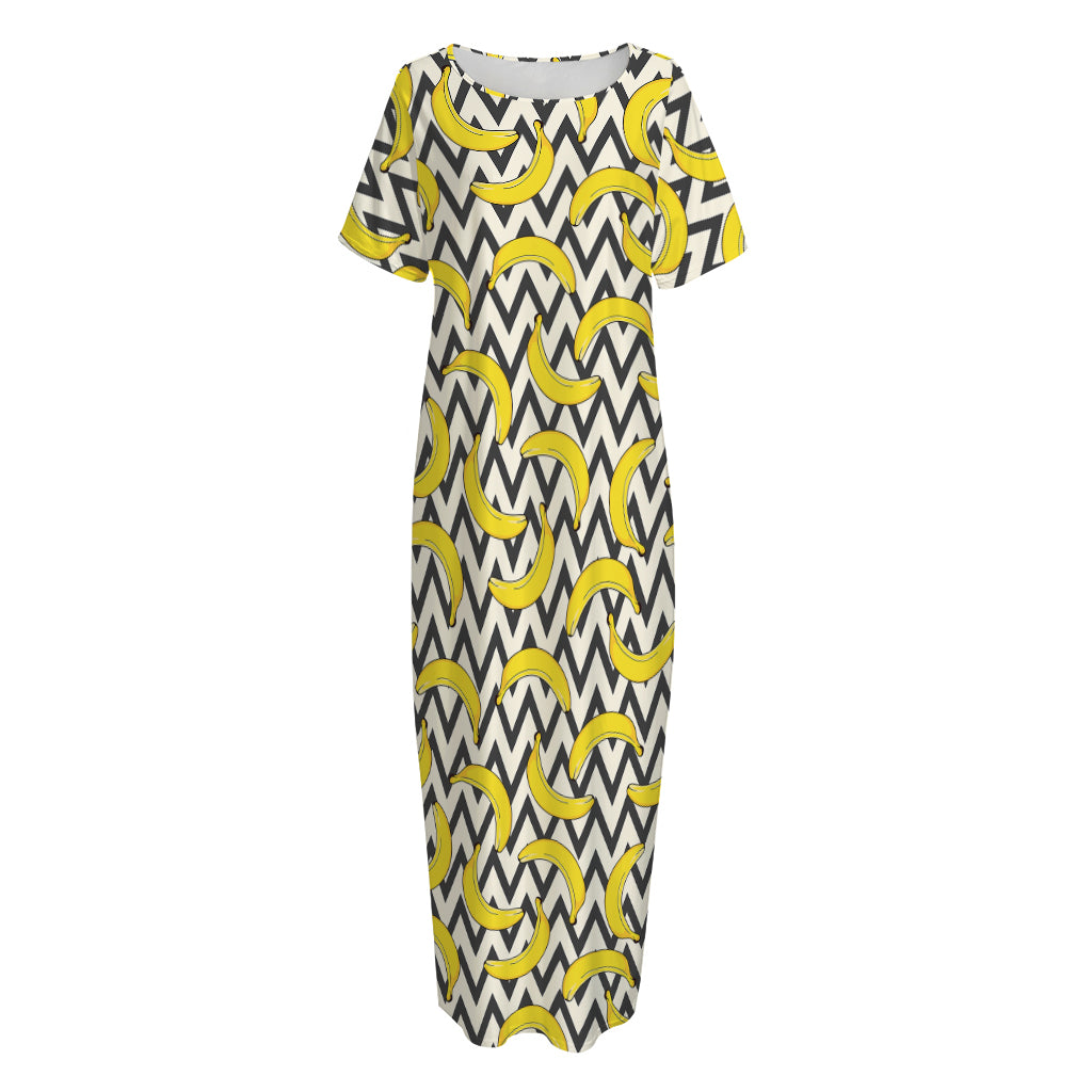 Zigzag Banana Pattern Print Short Sleeve Long Nightdress