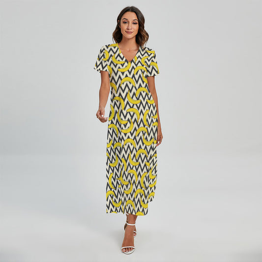 Zigzag Banana Pattern Print Short Sleeve Maxi Dress