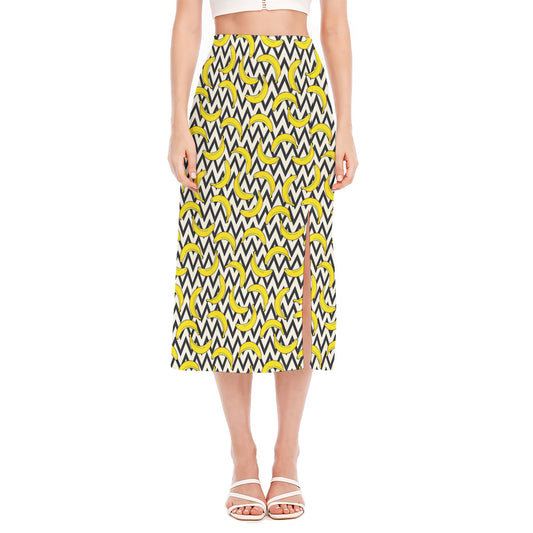 Zigzag Banana Pattern Print Side Slit Midi Skirt