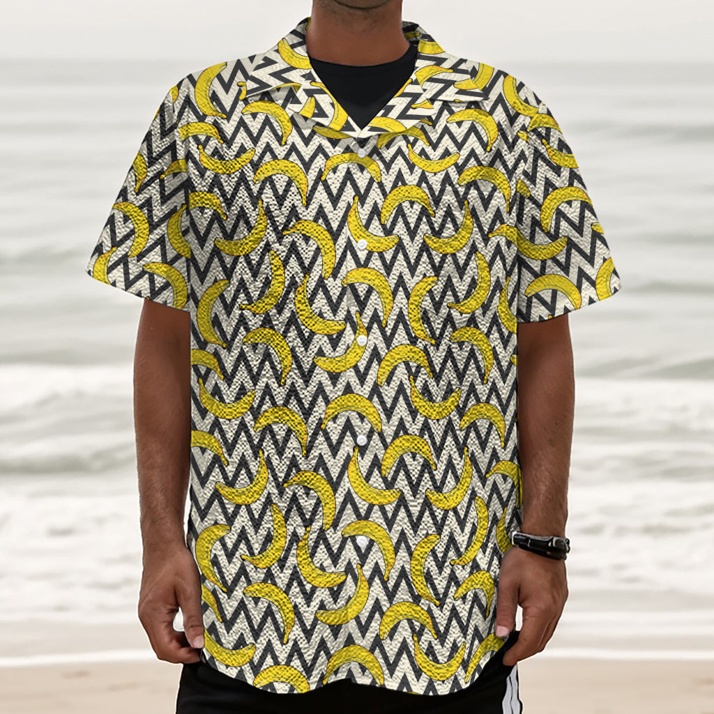 Zigzag Banana Pattern Print Textured Short Sleeve Shirt