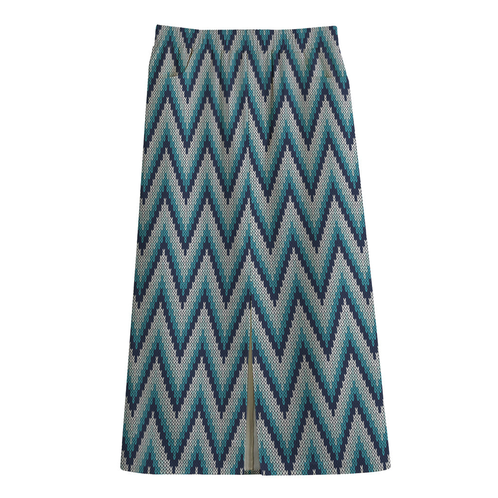 Zigzag Knitted Pattern Print Cotton Front Slit Maxi Skirt