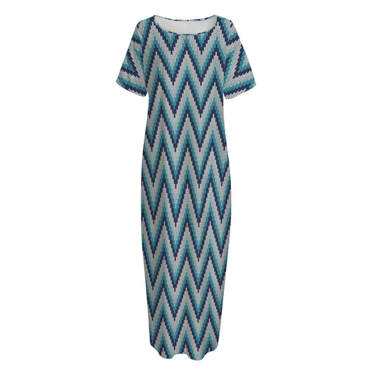 Zigzag Knitted Pattern Print Short Sleeve Long Nightdress