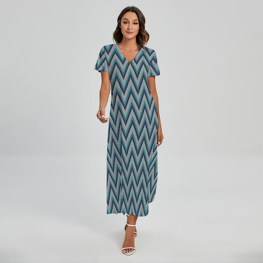 Zigzag Knitted Pattern Print Short Sleeve Maxi Dress