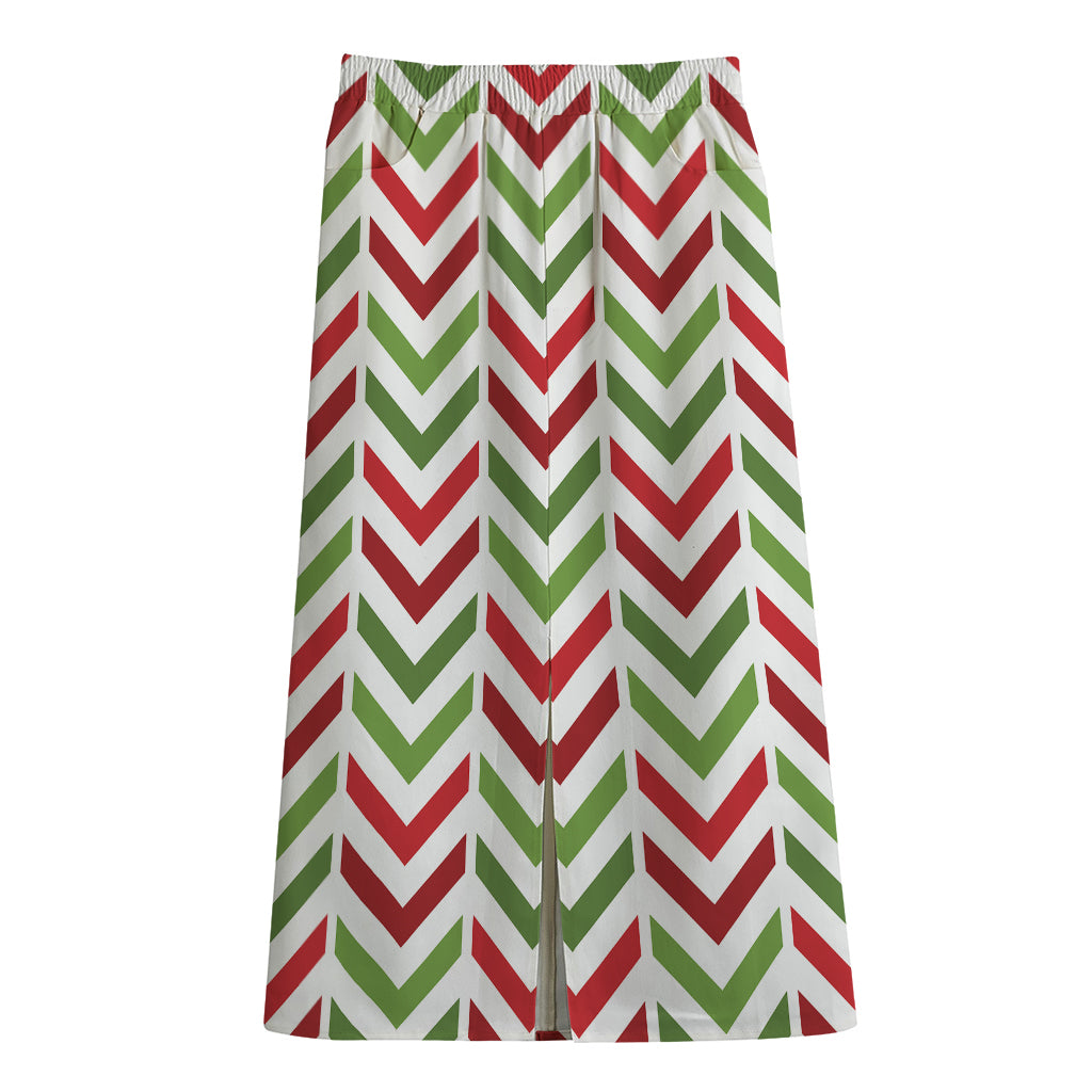Zigzag Merry Christmas Pattern Print Cotton Front Slit Maxi Skirt