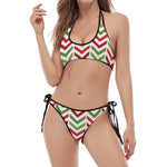 Zigzag Merry Christmas Pattern Print Halter Scoop Tie Side Bikini