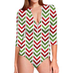 Zigzag Merry Christmas Pattern Print Long Sleeve Swimsuit