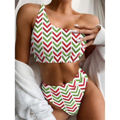 Zigzag Merry Christmas Pattern Print One Shoulder Bikini Top