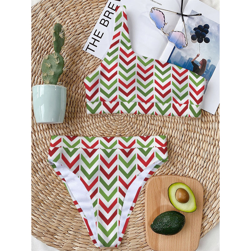 Zigzag Merry Christmas Pattern Print One Shoulder Bikini Top