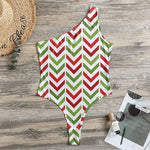 Zigzag Merry Christmas Pattern Print One Shoulder Bodysuit
