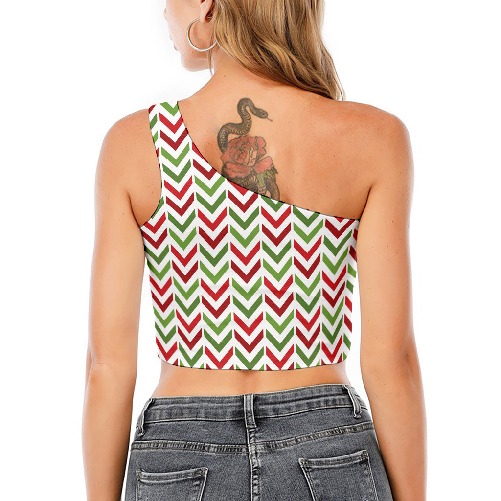 Zigzag Merry Christmas Pattern Print One Shoulder Crop Top