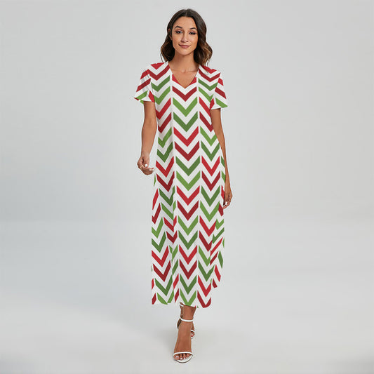 Zigzag Merry Christmas Pattern Print Short Sleeve Maxi Dress
